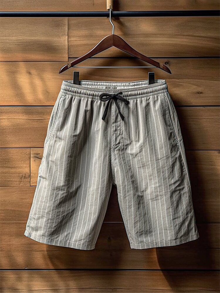 

Mens Vertical Striped Casual Drawstring Waist Shorts With Pocket, Gray