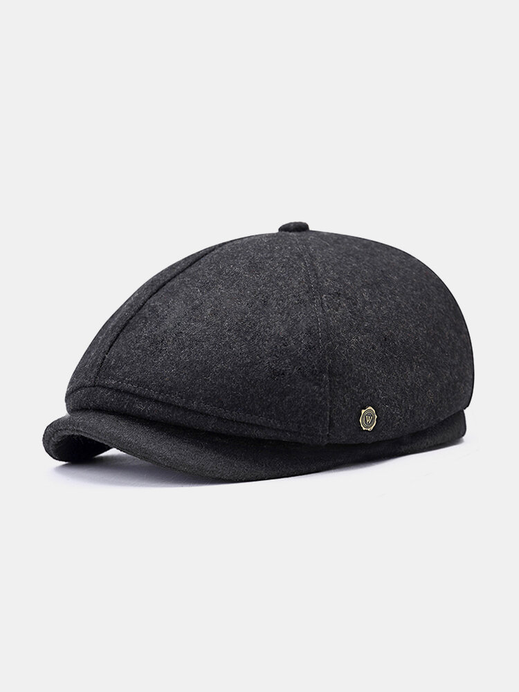 Mens Winter Thicken Warm Wool Beret Cap Outdoor Casual Solid Forward Octagonal Hat