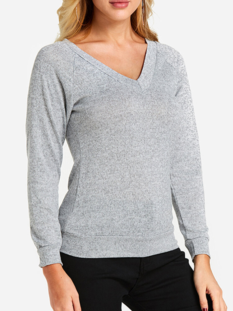 Solid Color Plain Knitted V-neck Long Sleeve Casual T-shirt for Women