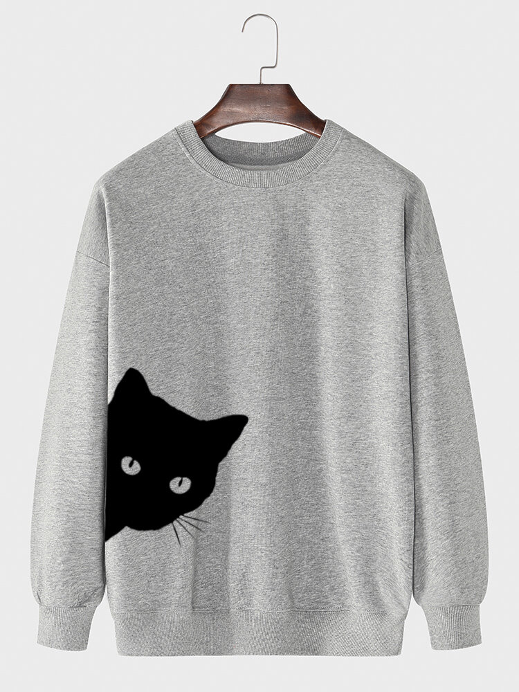 Mens Black Cat Print 100% Cotton Crew Neck Casual Pullover Sweatshirt