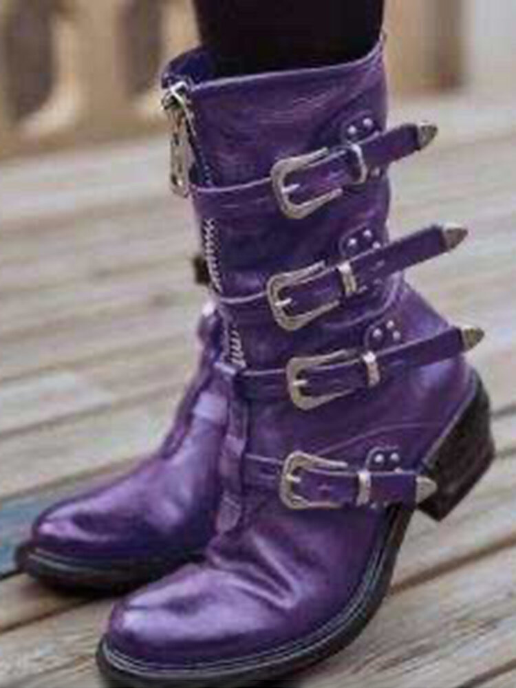 New Womens Mid Calf Boots Denim jean Buckle Chunky Block Heels Side Zip Fashion 