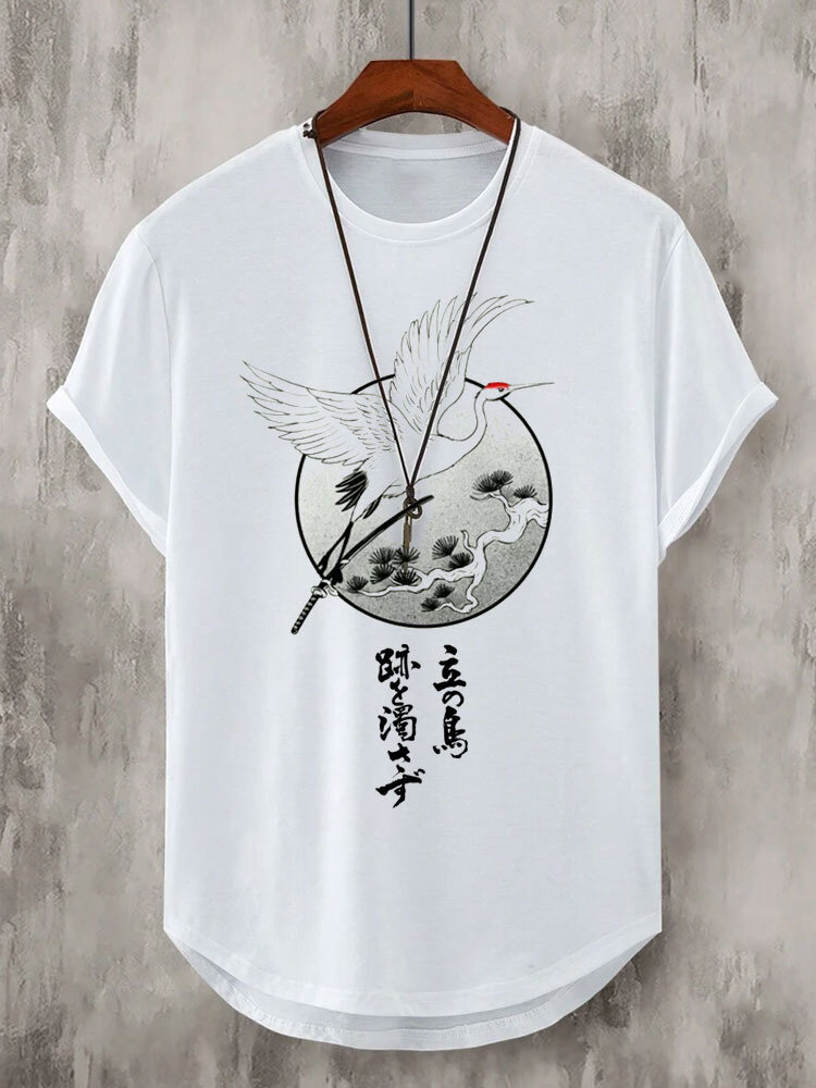 

Mens Japanese Crane Print Crew Neck Curved Hem Short Sleeve T-Shirts, White