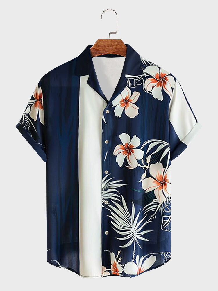 

Mens Floral Plant Print Patchwork Revere Collar Short Sleeve Shirts, Dark blue