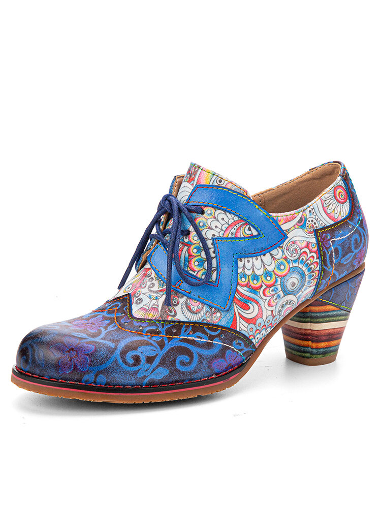 

Socofy Leather Ethnic Pattern Lace-up Hard Wearing Heel Pumps, Blue