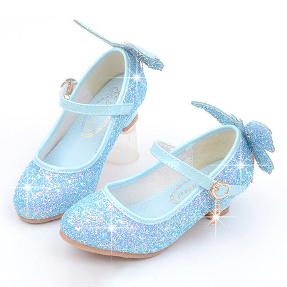 Girls Shining Sequined Butterfly Pattern Princess Kitten Heel Shoes