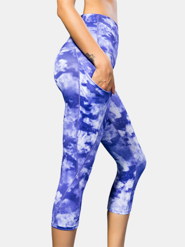 Women Tie-Dye Quick-Drying Elastic Skinny High Waist Sports Cropped Pants With Side Pocket