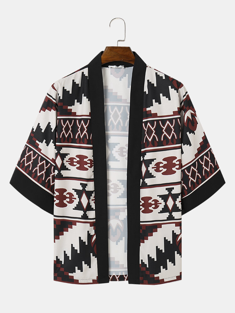 

Mens Tribal Print Front Open Half Sleeve Kimono, Khaki