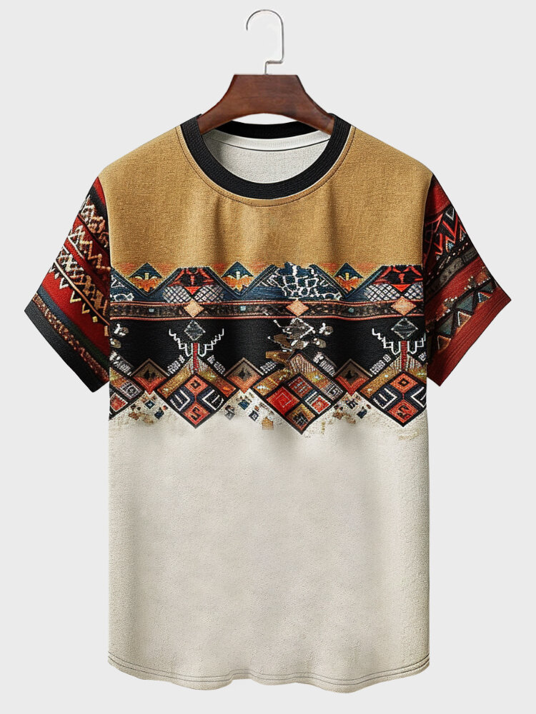 Camisetas masculinas com estampa geométrica étnica patchwork de manga curta
