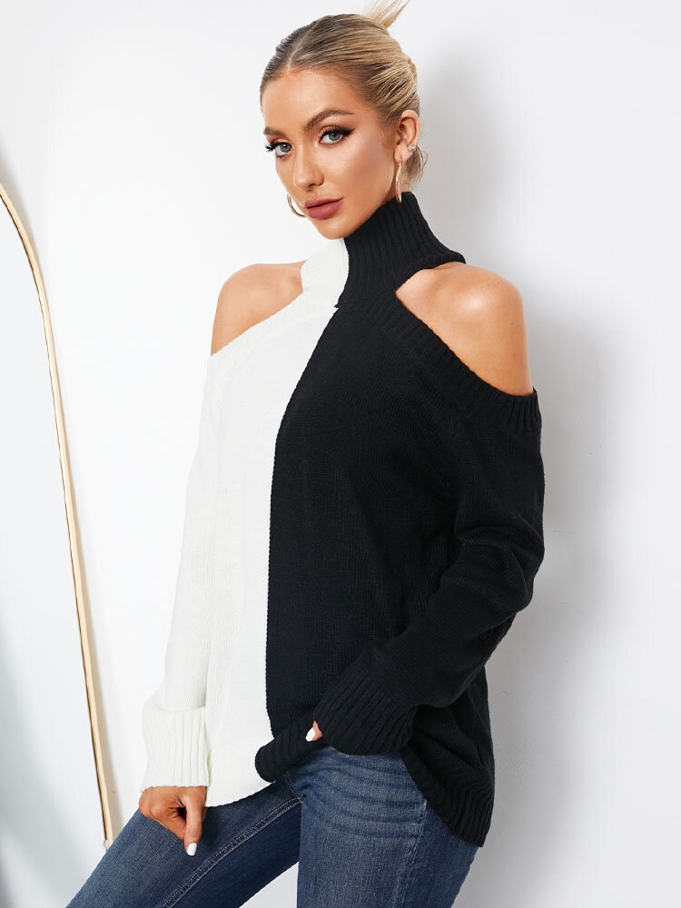 Contrast Color Off-shoulder Loose Long Sleeve Sweater
