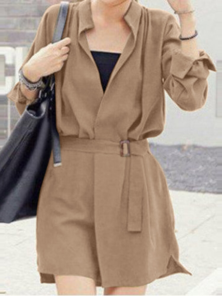 Solid Stand Collar Long Sleeve Casual Dress With Belt