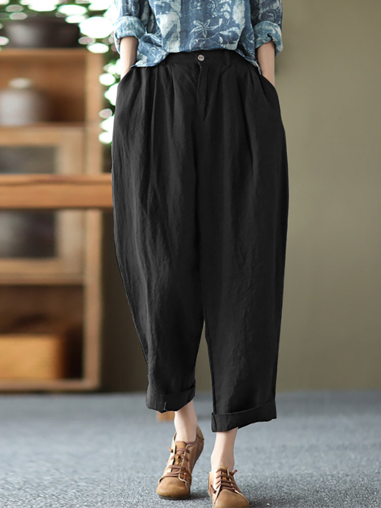 Leisure Solid Cotton Pocket Casual Pants