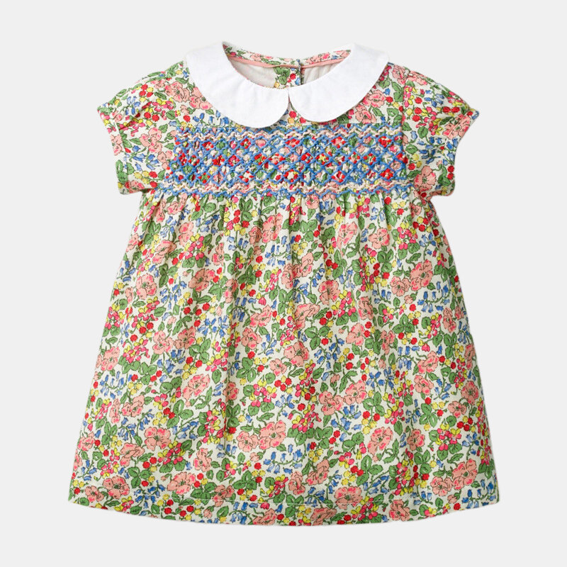 Girl's Floral Print Embroidery Turn-down Collar Short Sleeves Casual Dress For 2-10Y