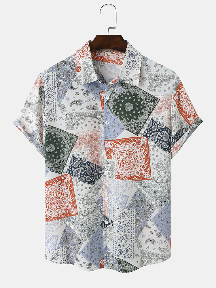 Mens Colorful Paisley Scarf Graphics Ethnic Short Sleeve Shirts