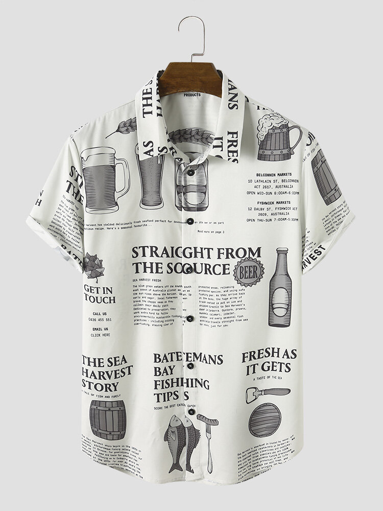 

Mens All Over Beer Newspaper Print Button Up Short Sleeve Shirts, White