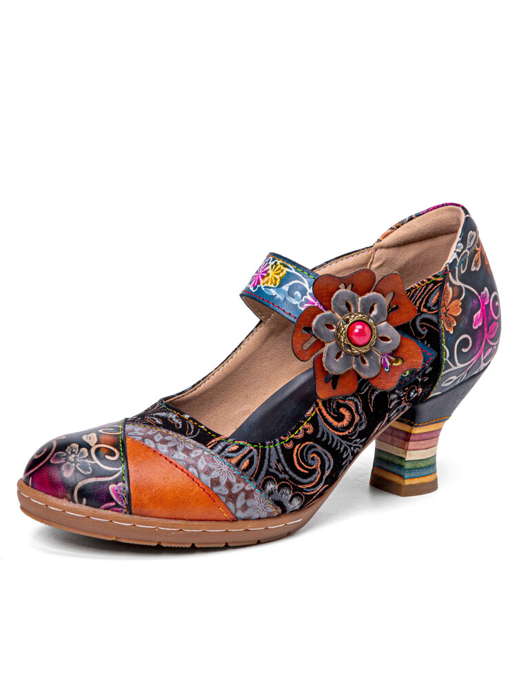 

SOCOFY Leather Vintage Colorful Panel Floral Mary Jane Pumps, Black