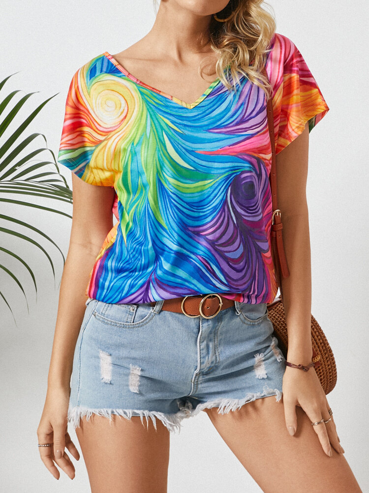 Multi-color Print O-neck Short Sleeve Casual T-Shirt For Women