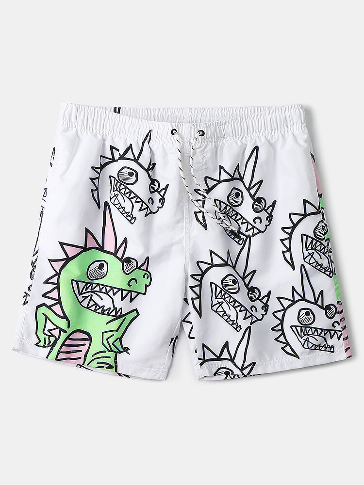 Mens Cartoon Dinosaur Print Holiday Sporty Swim Trunks Quick-Drying Drawstring Board Shorts