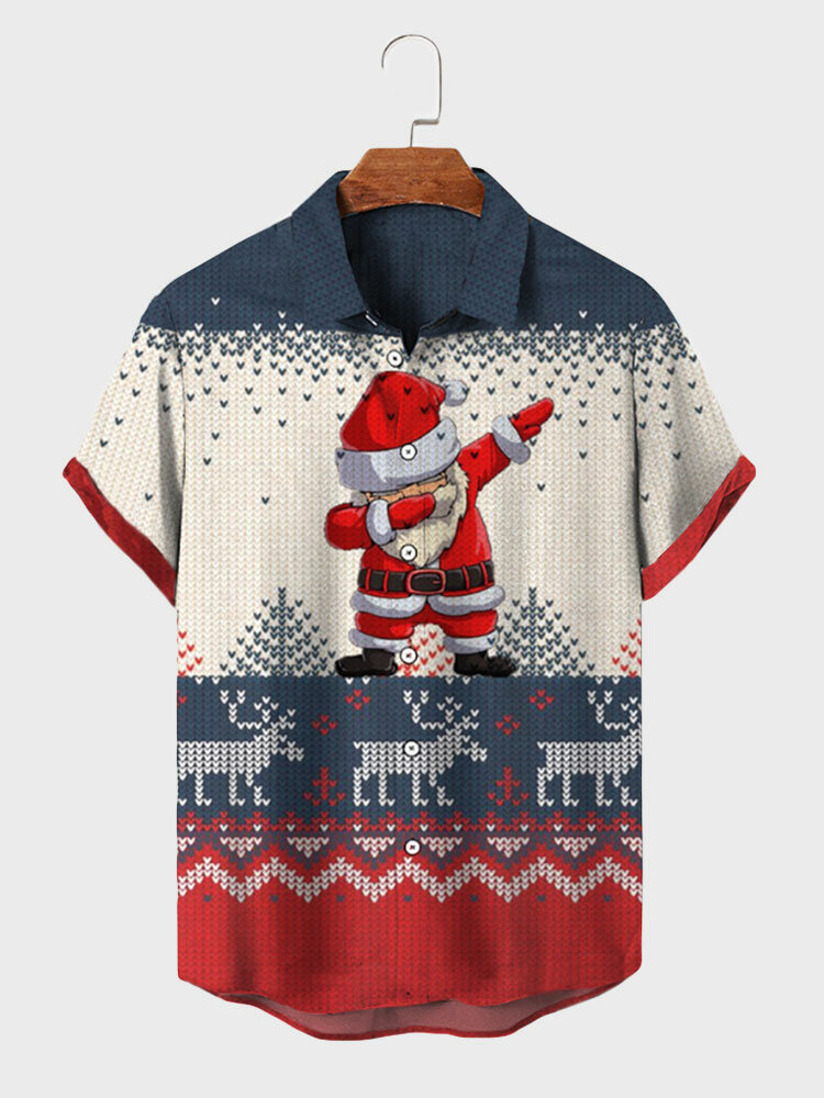 Mens Christmas Santa Claus Elk Print Lapel Short Sleeve Shirts