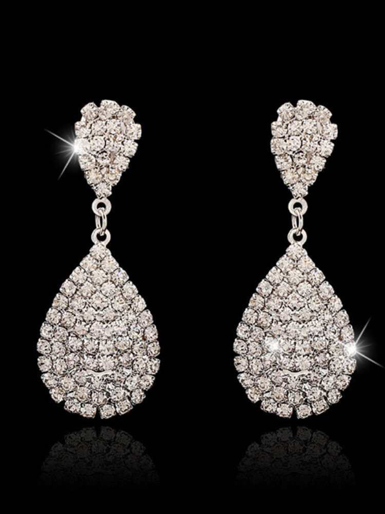 Moda Oreja Gota Pendientes Plata Oro Gota de agua Flash Diamante de imitación Pendientes Joyería elegante para Mujer