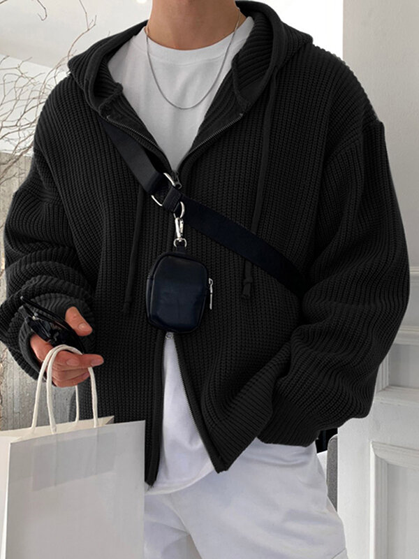 Mens Rib-Knit Double Zip Hooded Jacket