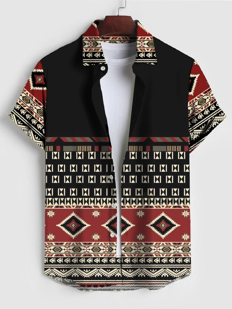 Chemises à manches courtes à revers en patchwork à imprimé géométrique ethnique pour hommes