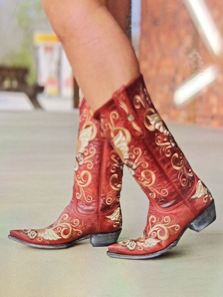 

Large Size Women Retro Ethnic Embroidered Almond-toe Mid Calf Cowboy Boots, Red;black
