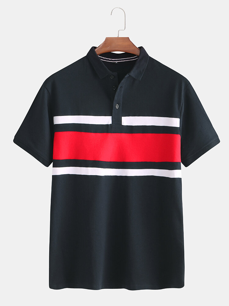 Mens 100% Cotton Patchwork Color Block Slim Short Sleeve Golf Shirt 