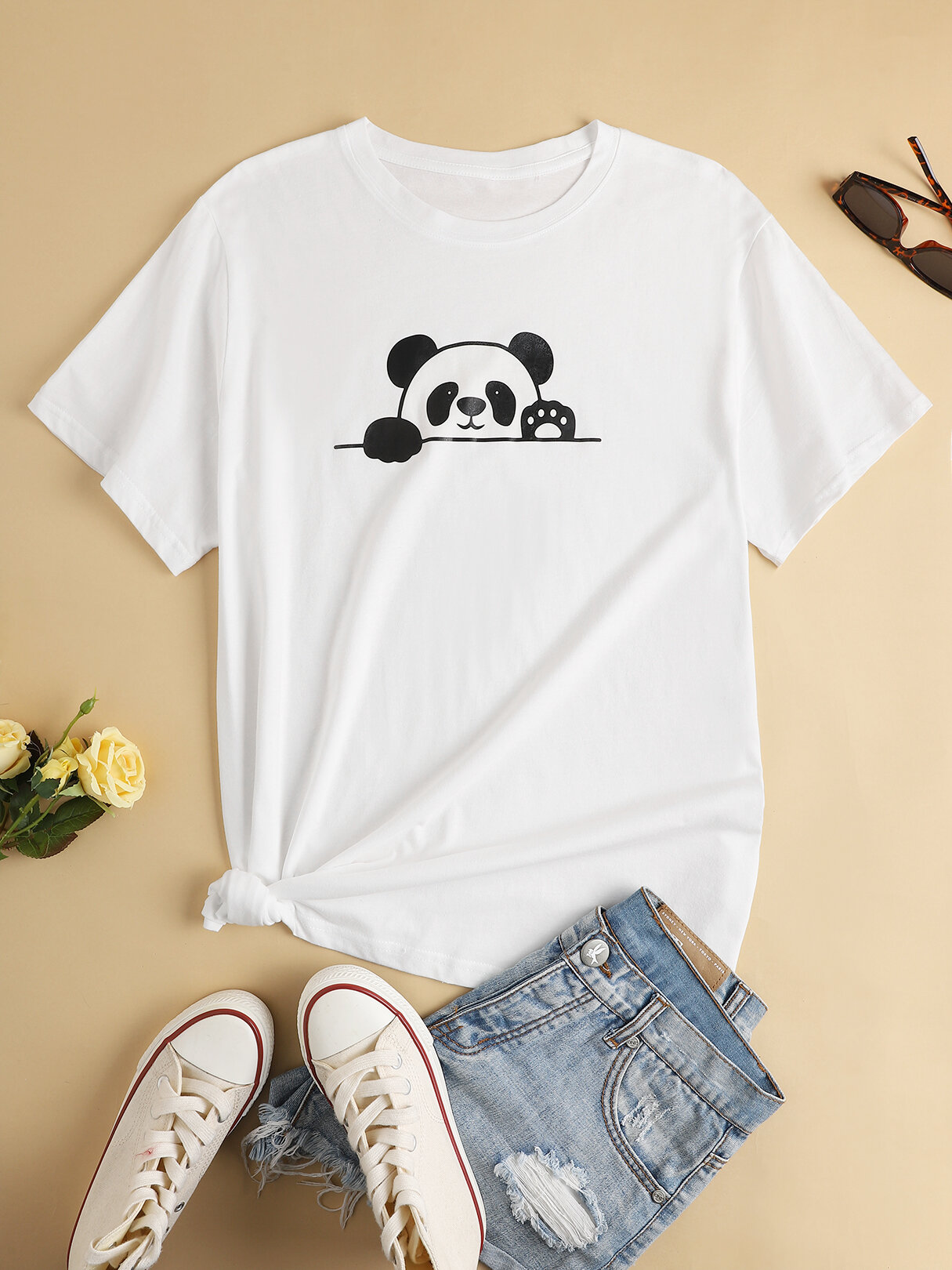 Plus Size Crew Collo Panda T-shirt manica corta