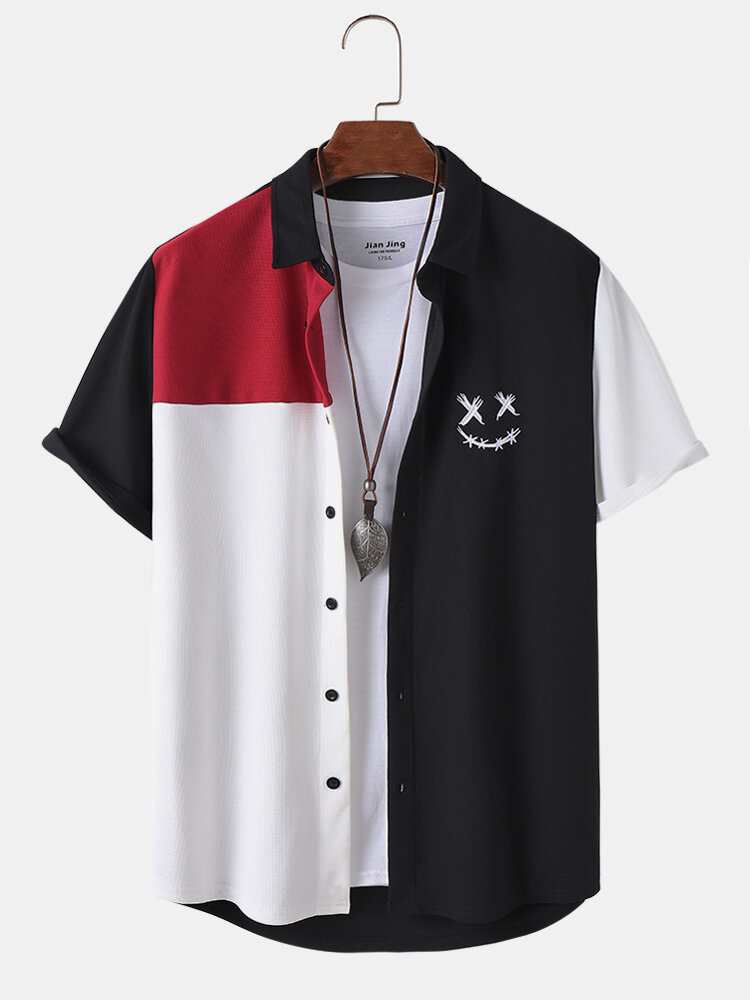 Mens Smile Face Embroidery Color Block Knit Short Sleeve Shirts