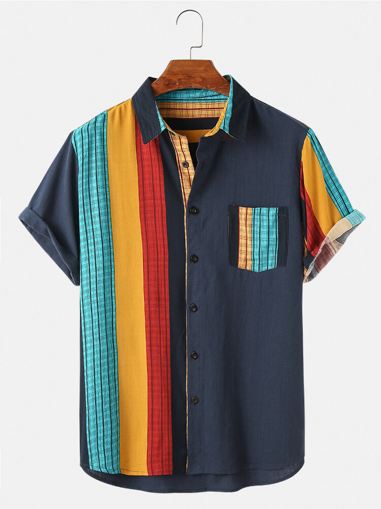 Mens 100% Cotton Irregular Striped Patchwork Chest Pocket Design Shirt