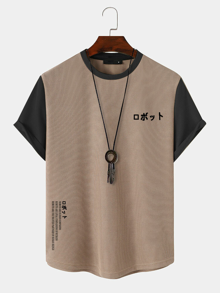 メンズ日本語レタープリントパッチワークニット半袖Tシャツ