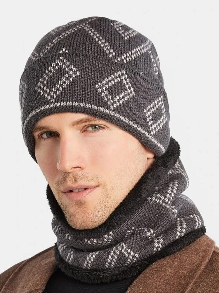 पुरुष 2PCS Plus मखमली मोटी शीतकालीन आउटडोर गर्म गर्दन संरक्षण रखें हेडगियर स्कार्फ बुना हुआ टोपी बेनी