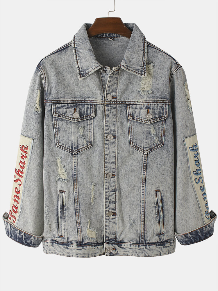

Mens Vintage Distressed Ripped Patch Casual Cotton Denim Jacket, Blue