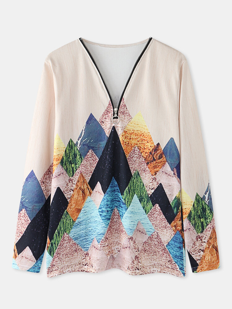 Casual Print V-neck Zip Front Long Sleeve Plus Size Blouse