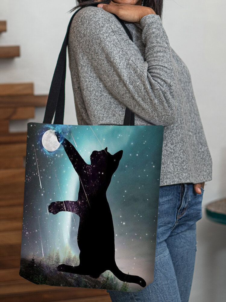 Women Cat Moon Fireworks Pattern Print Shoulder Bag Handbag Tote
