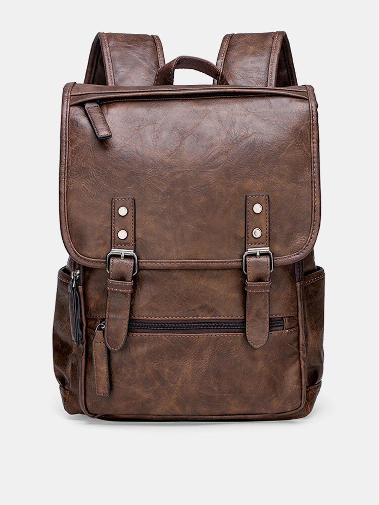Men Vintage Faux Leather Large Capacity Multi-Pocket Backpack Travel Bag