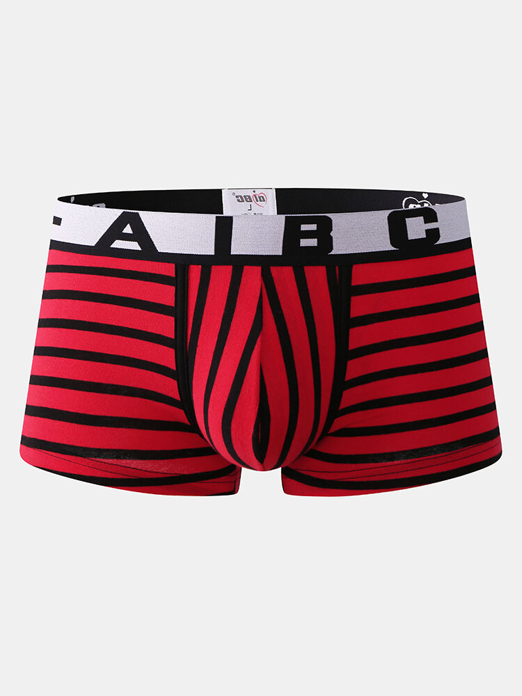 Men Stripe Boxer Briefs U Pouch Low Rise Breathable Letter Waistband Underwear