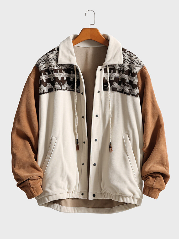 Mens Ethnic Pattern Patchwork Lapel Button Front Drawstring Jacket Winter