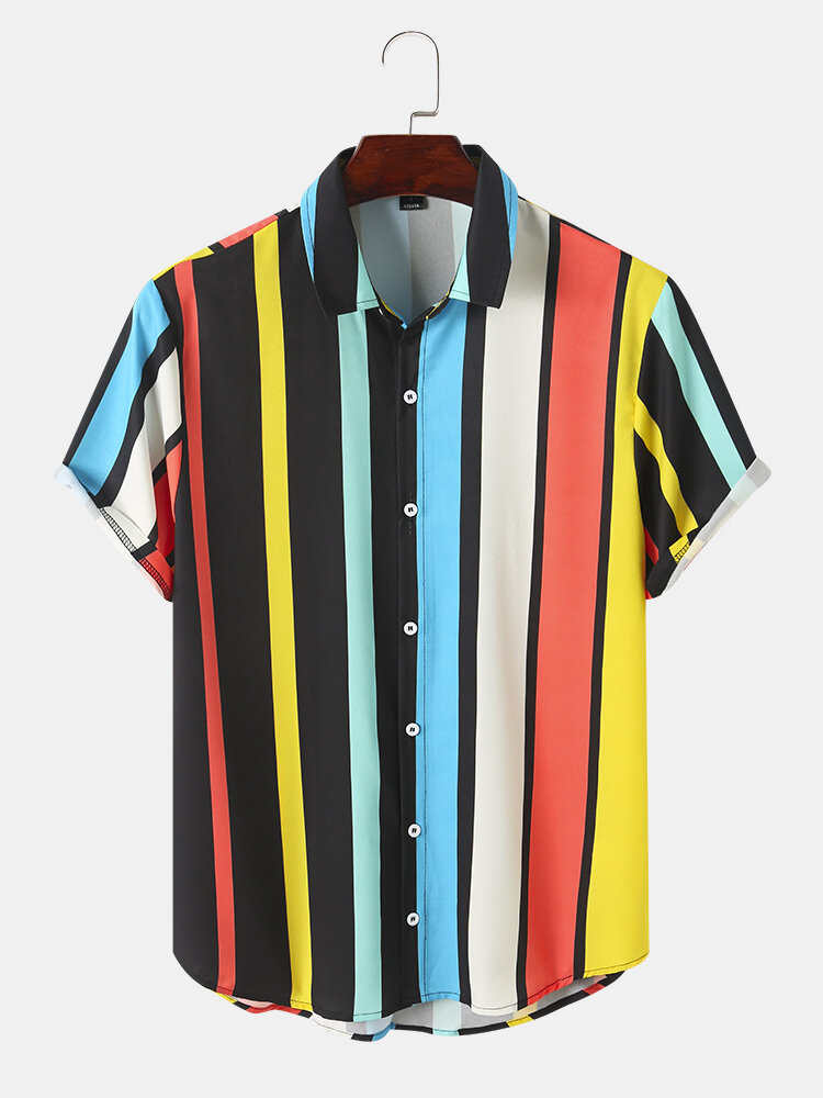 Mens Multi Color Stripe Lapel Casual Short Sleeve Shirts