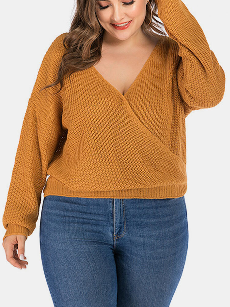 Plus Size Solid Color Deep V-neck Backless Women Sweater