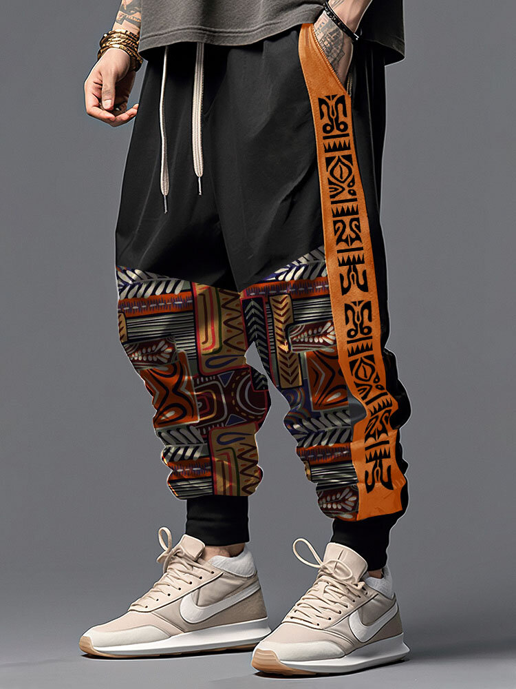 Pantalon ample à taille avec cordon de serrage pour hommes, imprimé ethnique tribal totem, patchwork