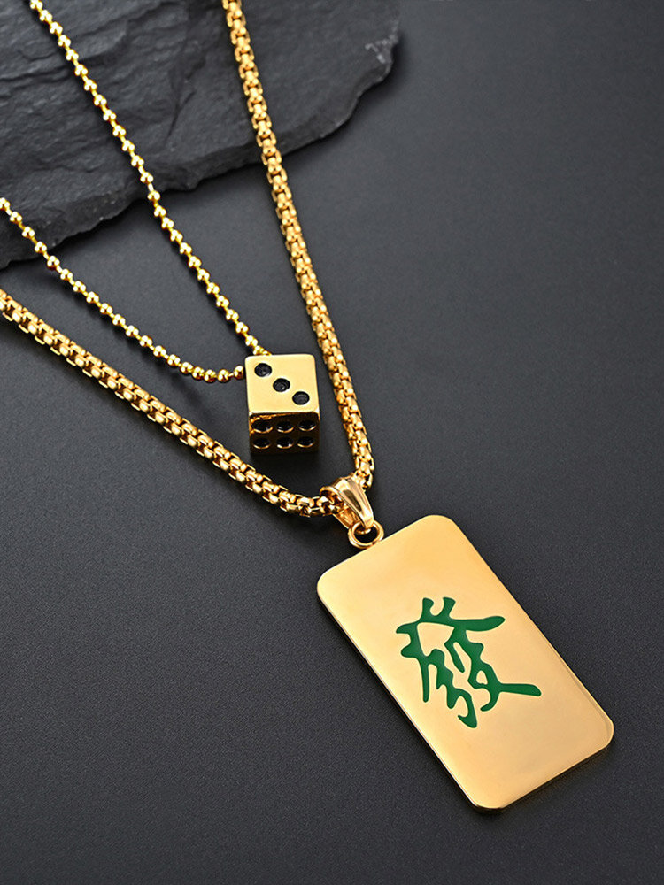 

Trendy Dice Mahjong Element Pattern Rectangular Pendant Titanium Steel Necklace