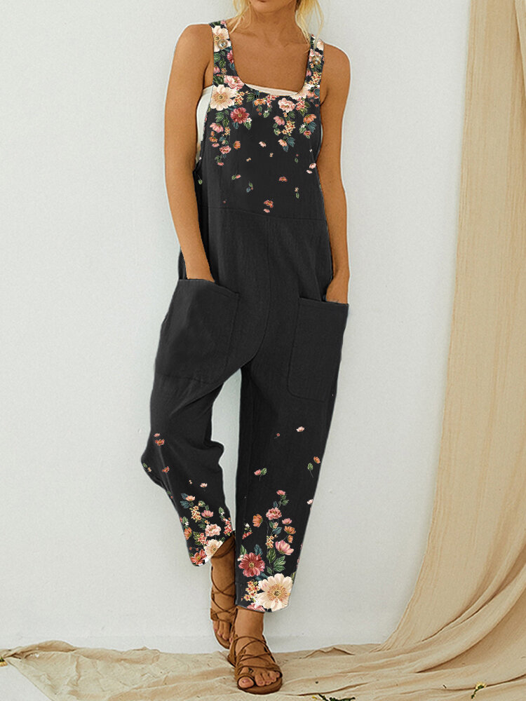 Vintage Floral Print Straps Casual Jumpsuit With Pockets For Women