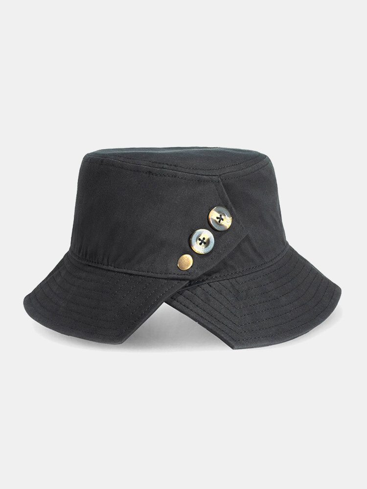 Unisex Cotton Button Decoration Side Slit Personality Sun Protection Bucket Hat