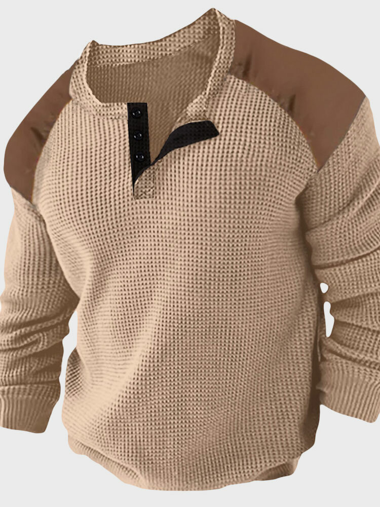 

Mens Contrast Patchwork Quarter Button Waffle Knit Long Sleeve T-Shirts Winter, Khaki