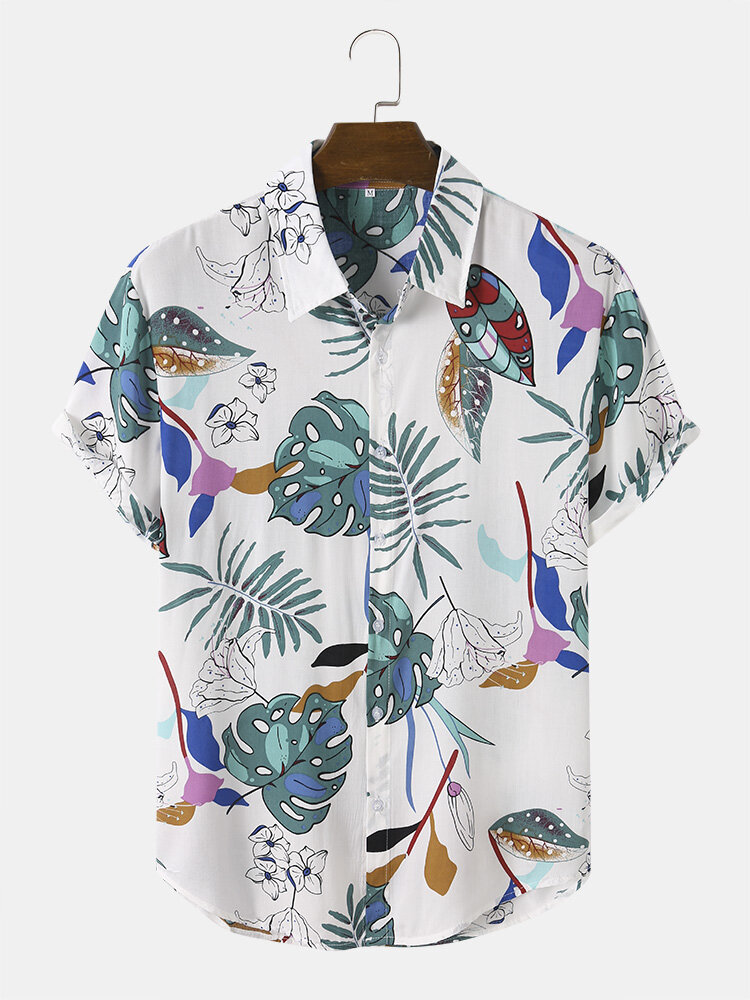 Men Plants Painting Button up Lapel Short Sleeves Holiday Casual Shirts