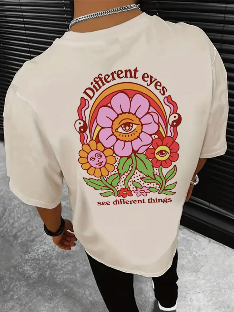 Lässige Kurzarm-T-Shirts für Herren mit Cartoon-Blumen-Slogan-Aufdruck auf der Rückseite
