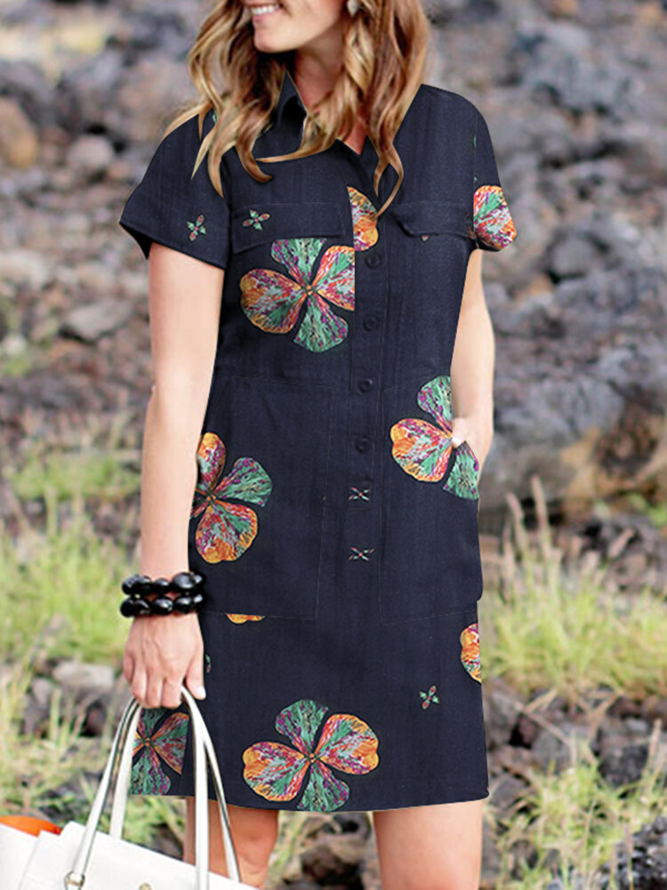 Women Floral Print Lapel Button Front Cotton Cargo Shirt Dress