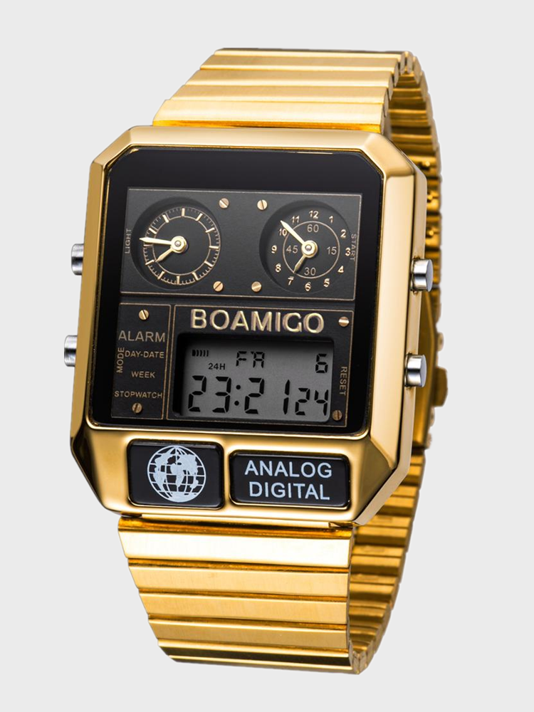 Fashion Men Digital Watch Date Week Display Chronograph 3 Time Zone Waterproof LED Dual Display Watch