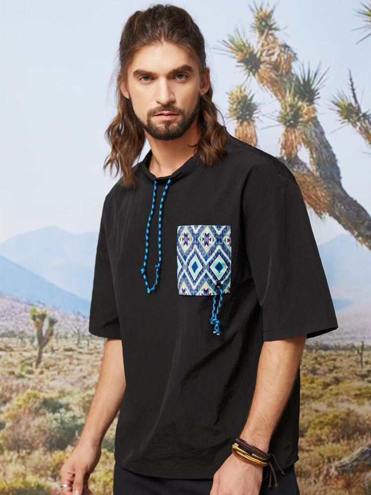 Men Navajo Pocket Drawstring Designed Elastic Neck T-Shirts